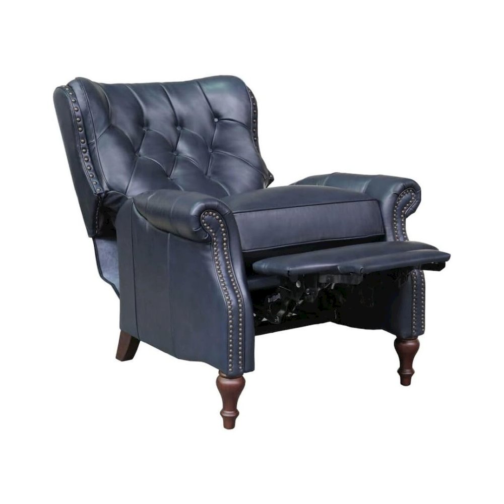Blue Leather Chair Recliner with Tufted Barrel Back and Footrest