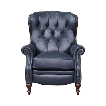 Blue Leather Chair Recliner with Tufted Barrel Back and Footrest