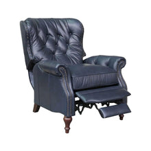 Blue Leather Chair Recliner with Tufted Barrel Back and Footrest