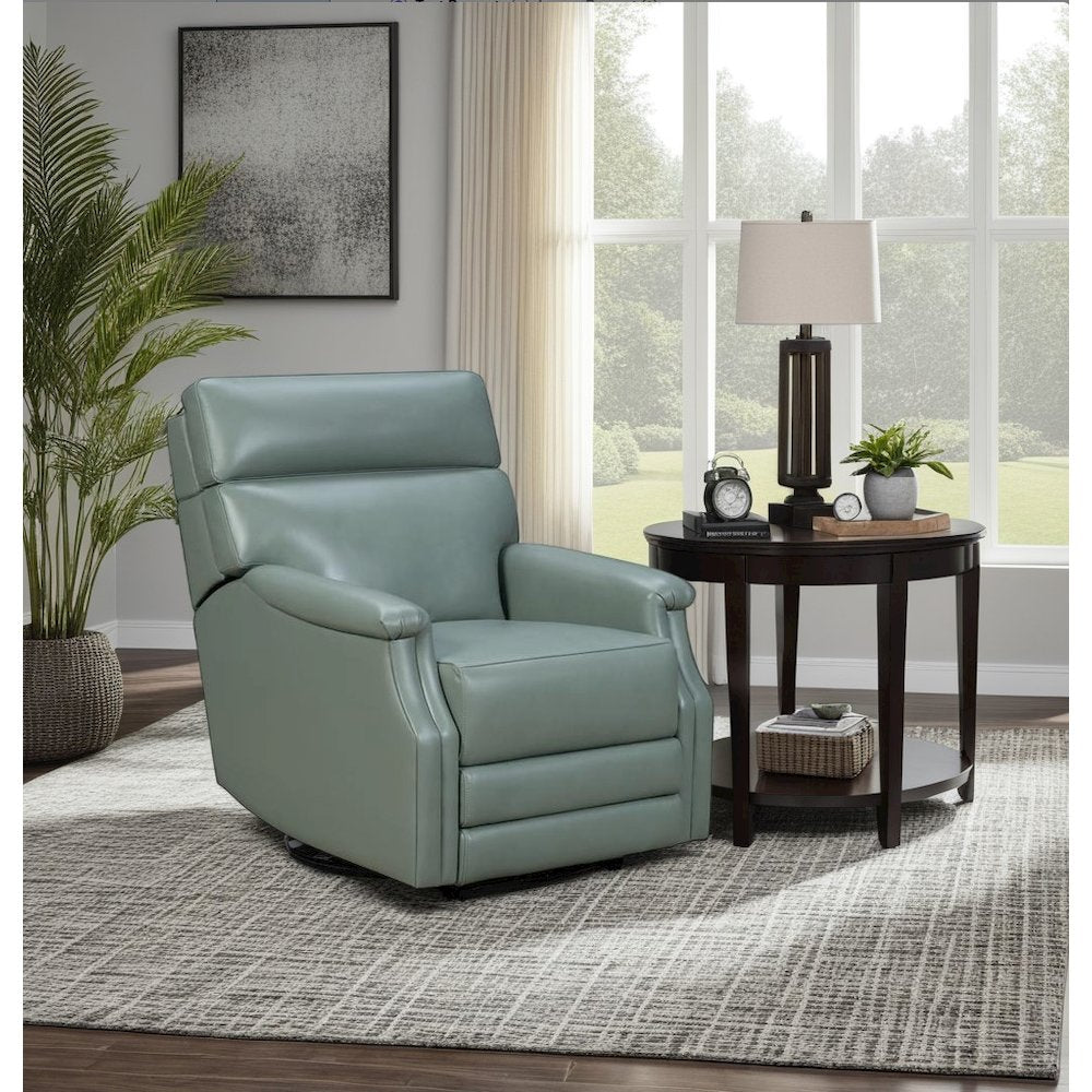 Gray Leather Power Recliner with Power Headrest and Forward Tilt Feature