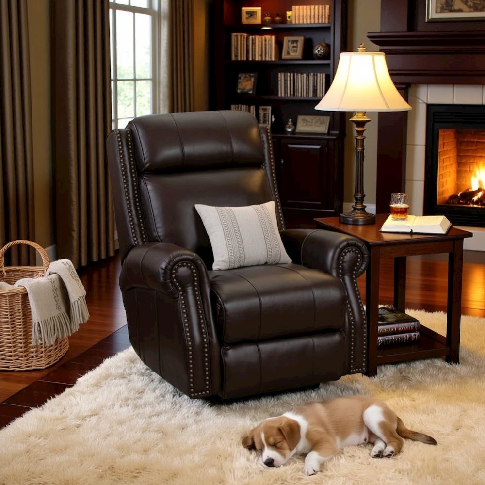 Brown Leather Oversized Recliner with Power Headrest, USB and Extended Footrest