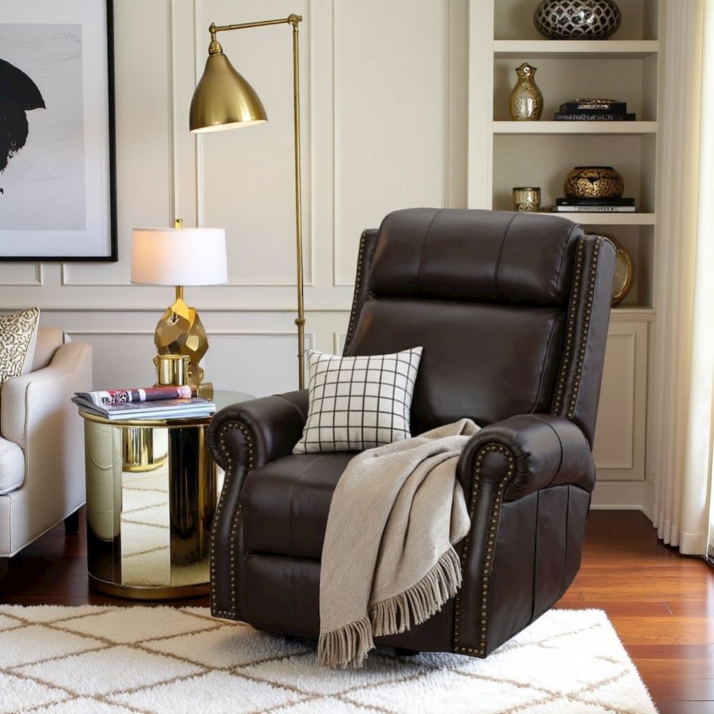 Brown Leather Oversized Recliner with Power Headrest, USB and Extended Footrest