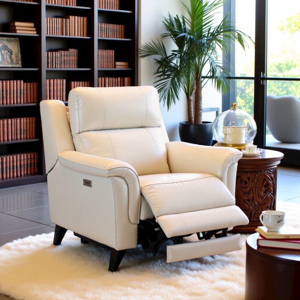 Beige Leather Reclining Chair with Power Headrest and USB Charging Port