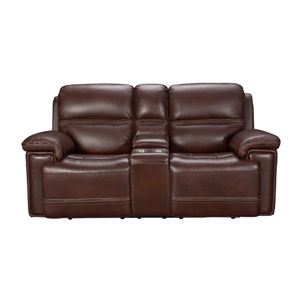 Brown Leather Power Reclining Console Loveseat with Power Headrests and Comfort