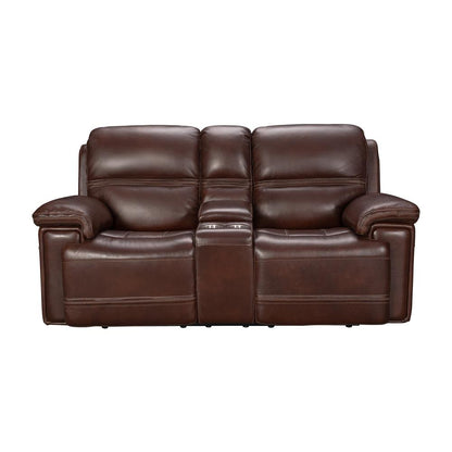 Brown Leather Power Reclining Console Loveseat with Power Headrests and Comfort