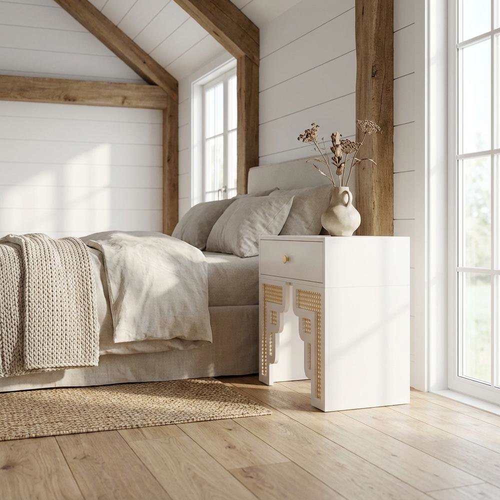 Cream & Rattan Nightstand with Soft Close Drawer and Mdf Legs
