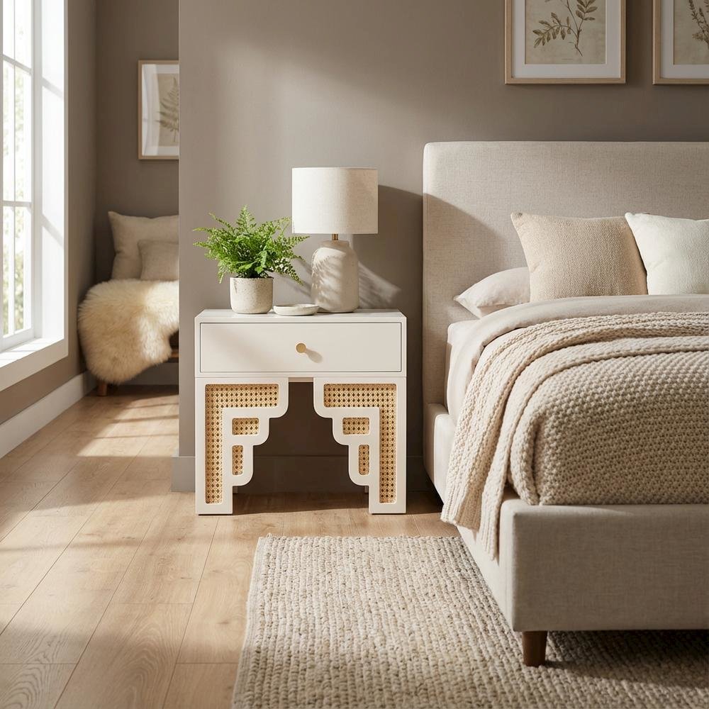 Cream & Rattan Nightstand with Soft Close Drawer and Mdf Legs