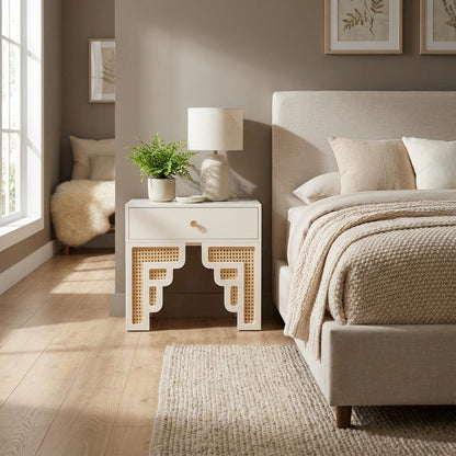 Cream & Rattan Nightstand with Soft Close Drawer and Mdf Legs