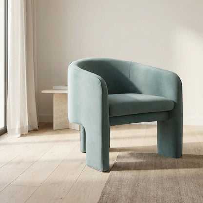 Velvet Accent Chair in Sea Blue with Sculptural Design and Plywood Legs