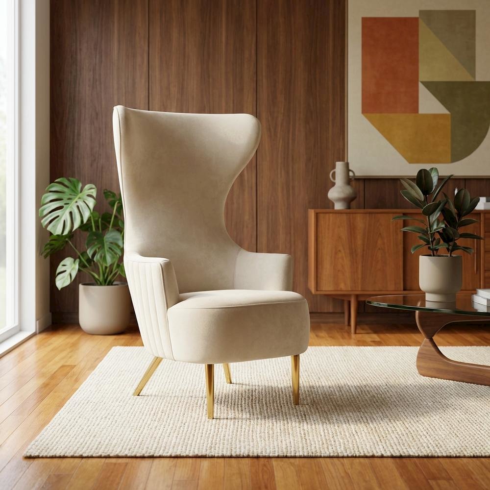 Beige Velvet Wingback Chair With Gold Frame And Channel Tufted Back
