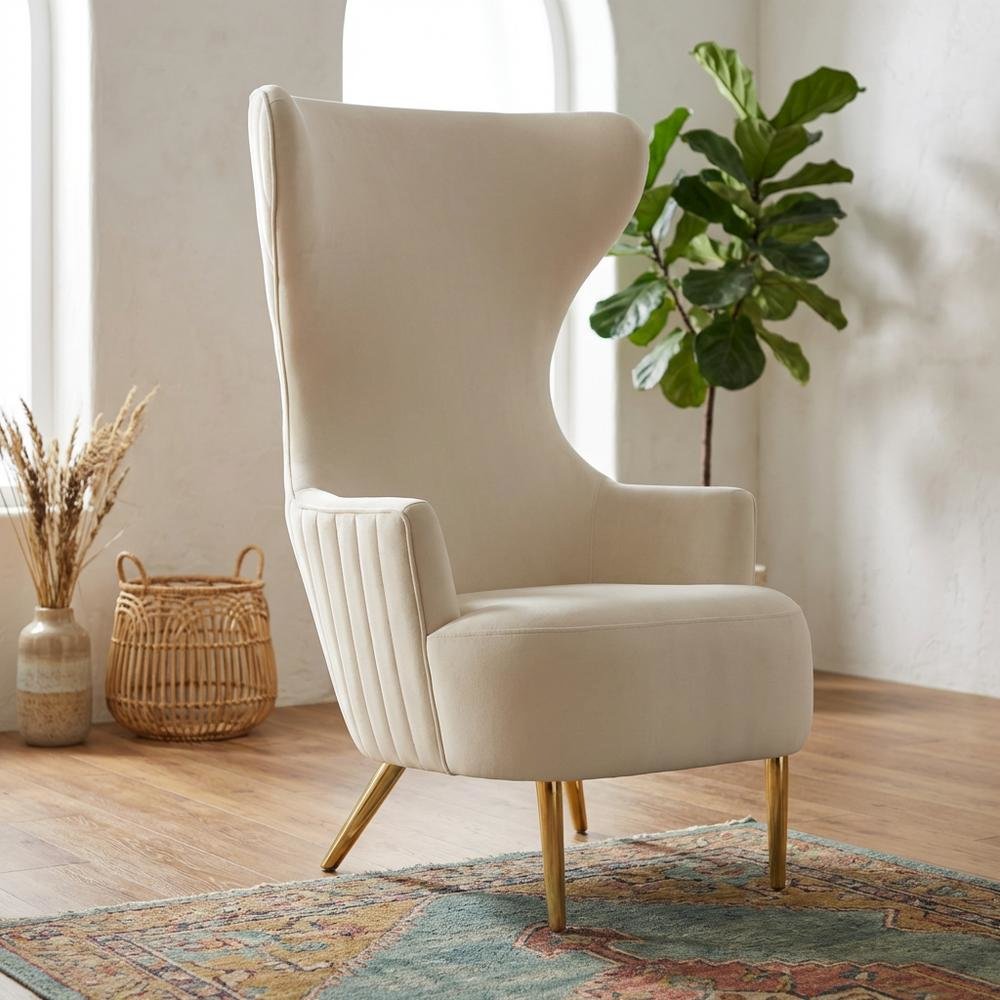 Beige Velvet Wingback Chair With Gold Frame And Channel Tufted Back