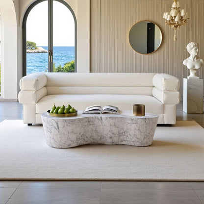 Modern White Stone Coffee Table with Marble Veneer Concrete Finish