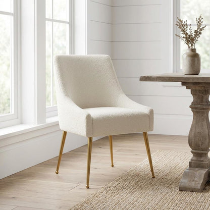 Cream Boucle Side Chair with Gold Legs and Fiber-Wrapped Foam Seat