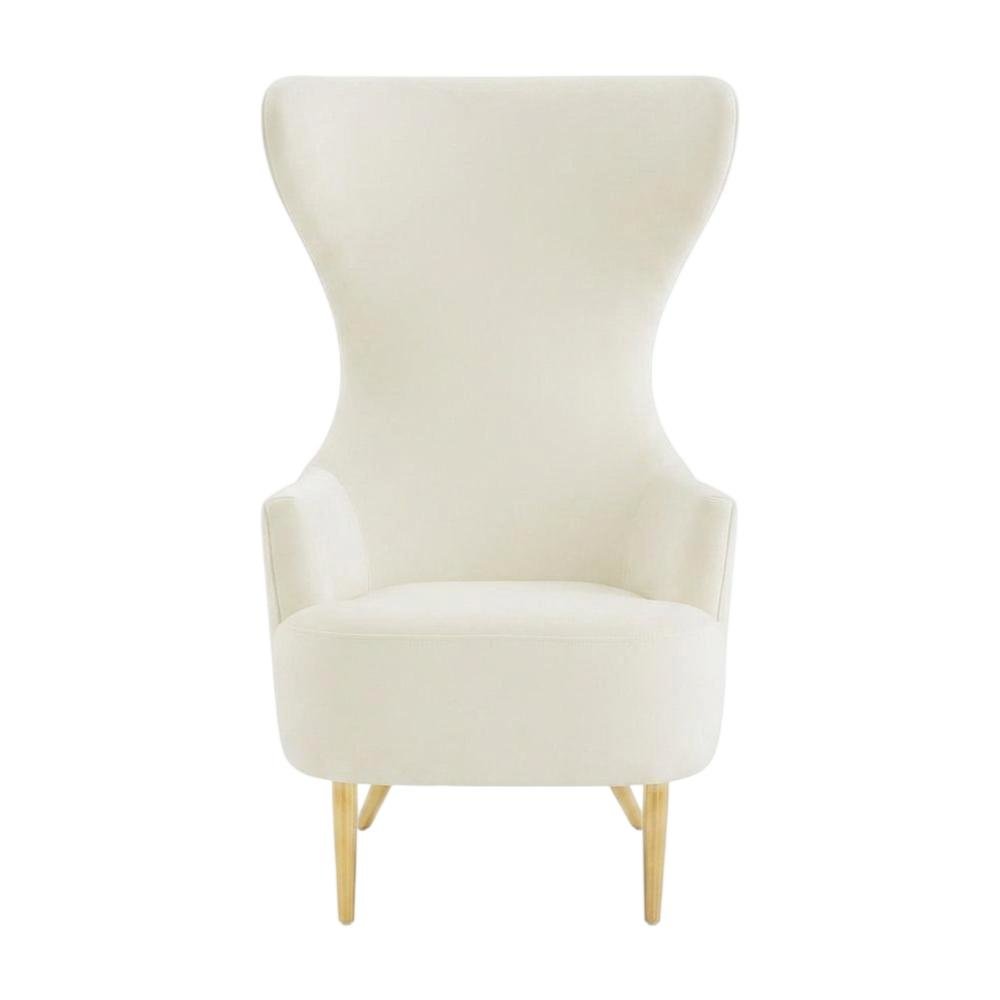 Beige Velvet Wingback Chair With Gold Frame And Channel Tufted Back