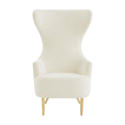 Beige Velvet Wingback Chair With Gold Frame And Channel Tufted Back