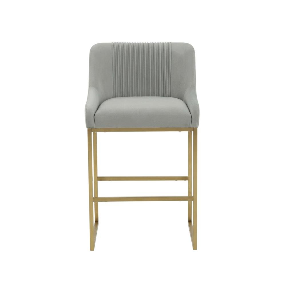 Grey Pleated Velvet Counter Stool with Gold Legs and Modern Design