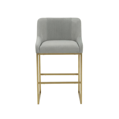 Grey Pleated Velvet Counter Stool with Gold Legs and Modern Design