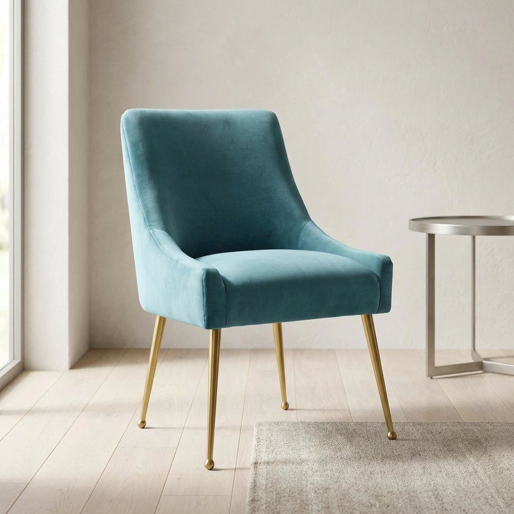 Velvet Side Chair in Sea Blue with Gold-Stainless Steel Legs and Fiber Foam Seat