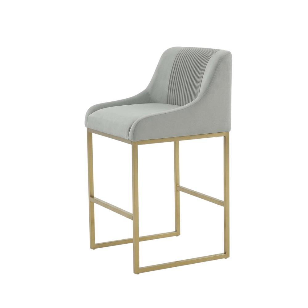 Grey Pleated Velvet Counter Stool with Gold Legs and Modern Design