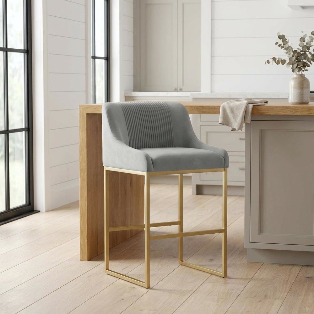 Grey Pleated Velvet Counter Stool with Gold Legs and Modern Design