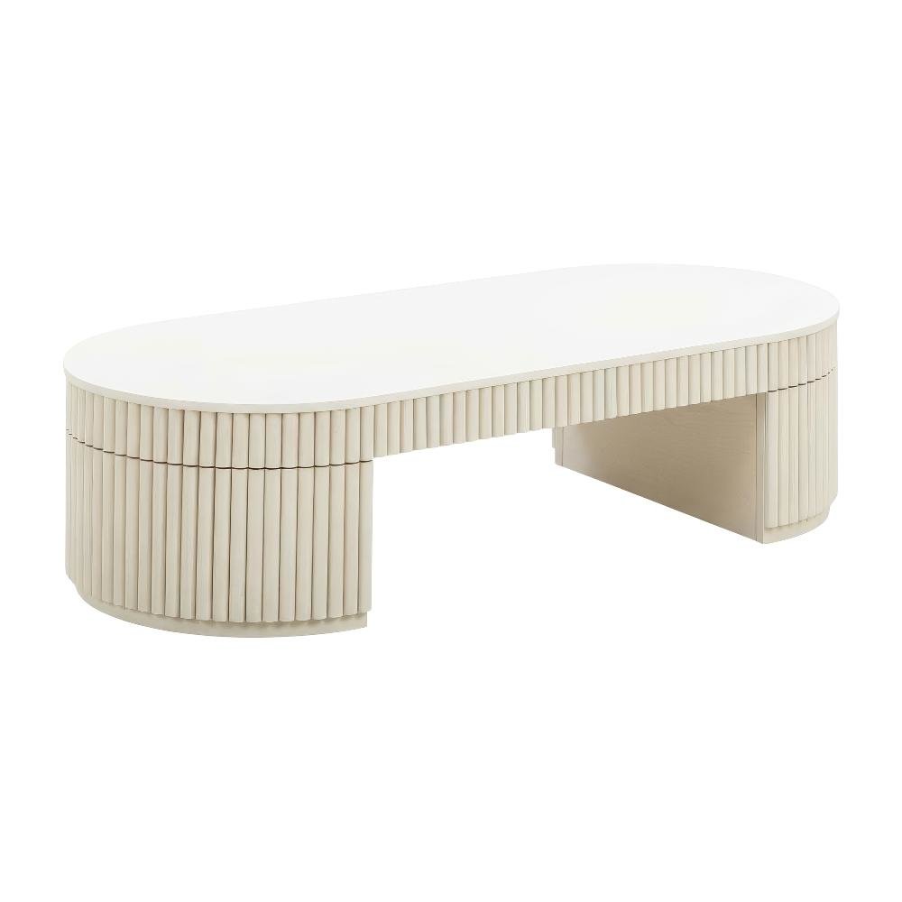 Beige Oval Coffee Table with Acacia Wood Legs and MDF Frame for Living Room