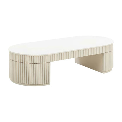 Beige Oval Coffee Table with Acacia Wood Legs and MDF Frame for Living Room