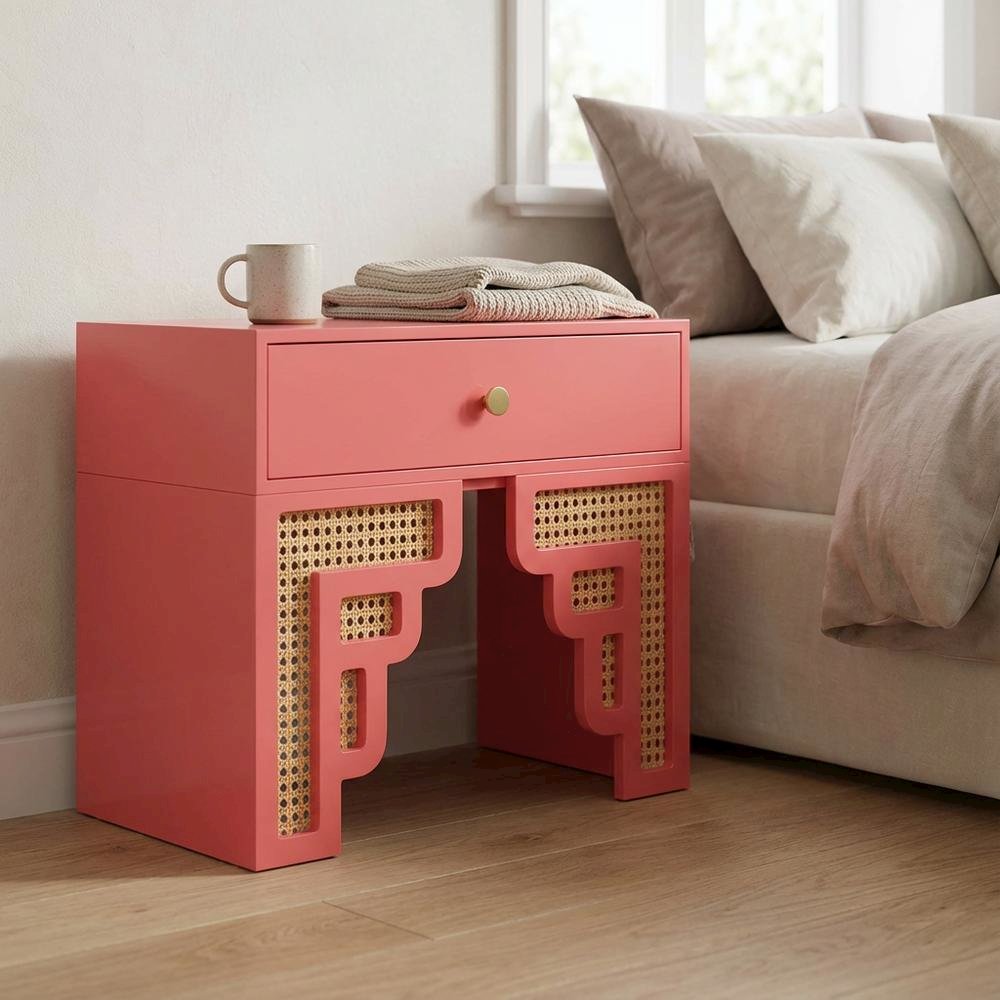 Pink Rattan Nightstand with Soft Close Drawer and Mdf Legs