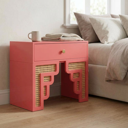 Pink Rattan Nightstand with Soft Close Drawer and Mdf Legs