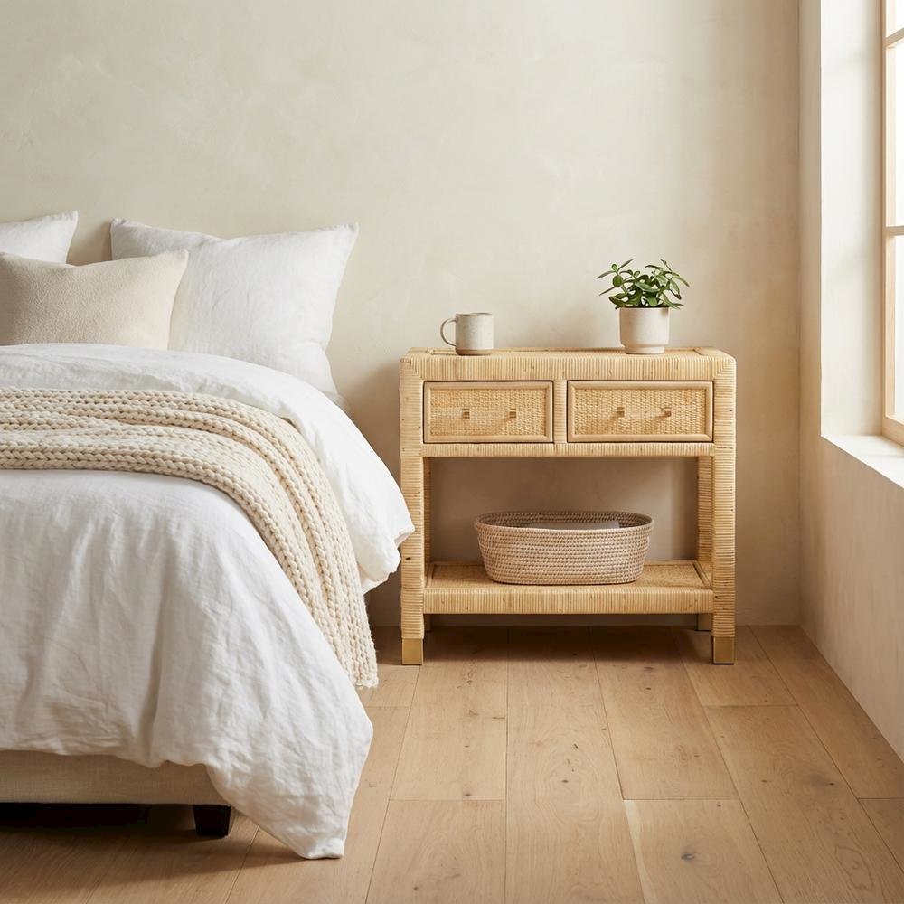 Rattan Nightstand with Mahogany Legs and Storage Compartments