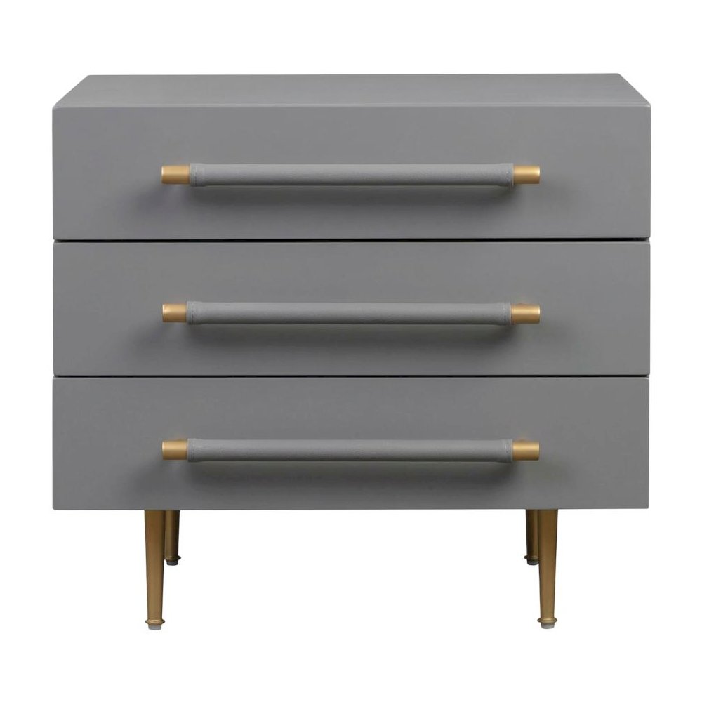 Grey Bedroom Nightstand with Soft-Close Drawers and Gold Iron Legs