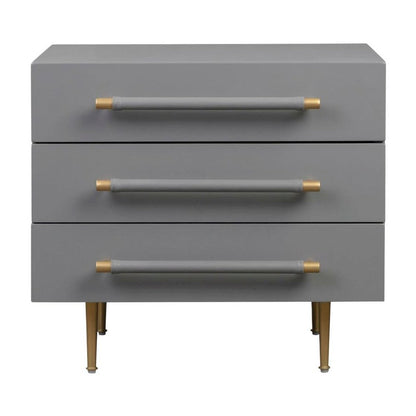 Grey Bedroom Nightstand with Soft-Close Drawers and Gold Iron Legs