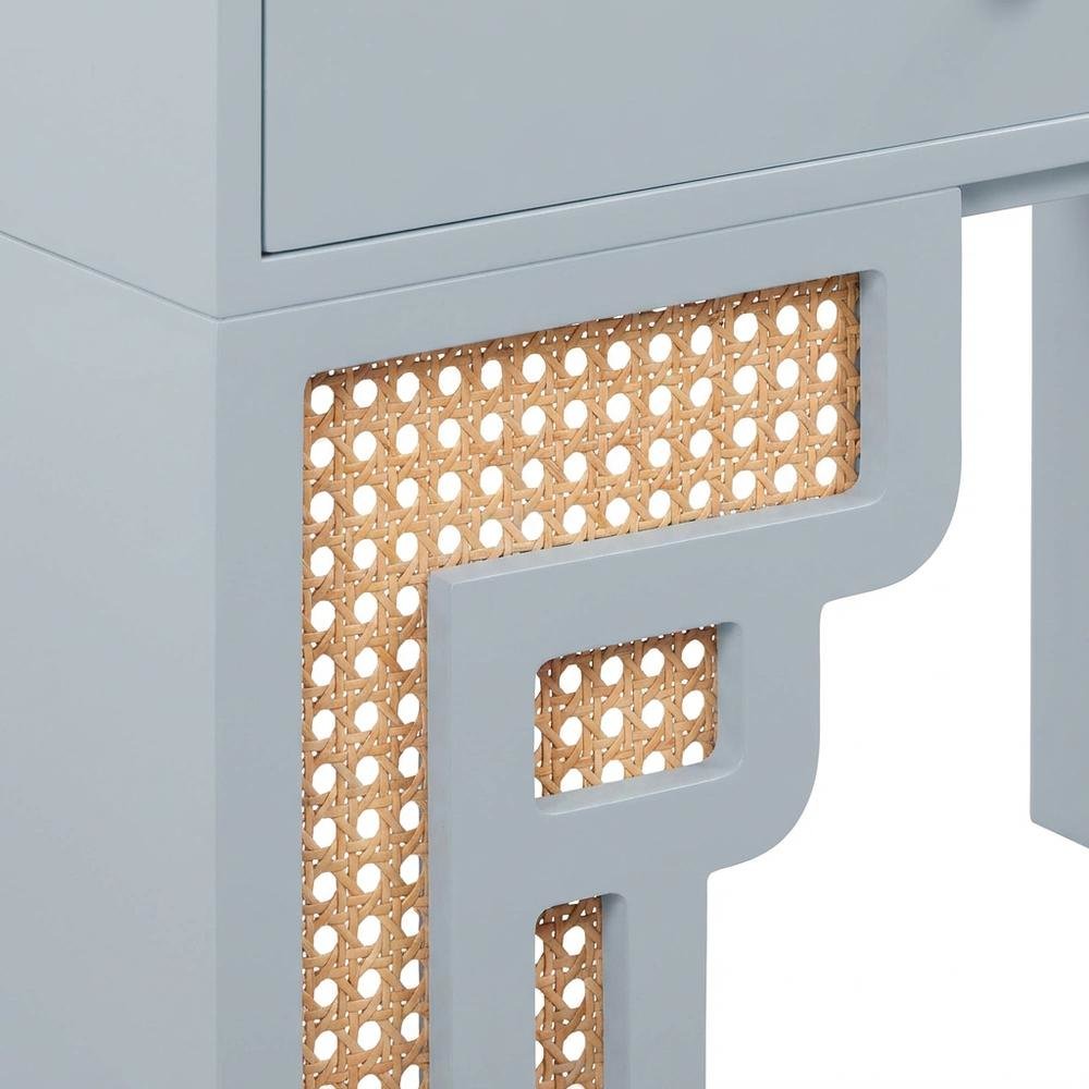Blue Rattan Nightstand with Soft Close Drawer and Mdf Legs