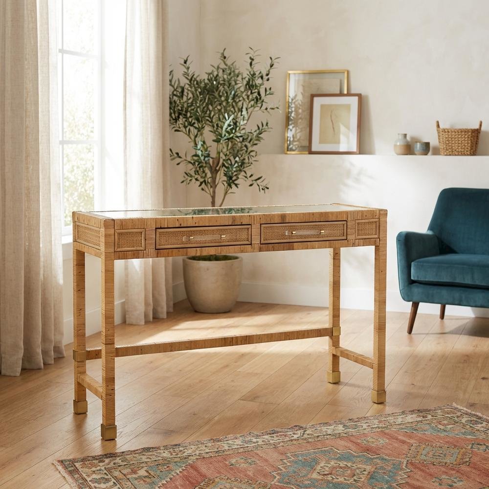 Glass Top Rattan Writing Desk With Drawers And Natural Veneer Wood Base