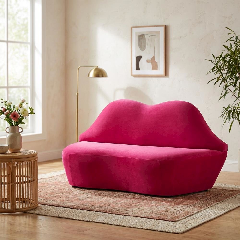 Hot Pink Velvet Loveseat With Sculpted Back, A Unique Lips Sofa Design