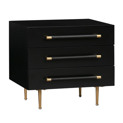 Modern black nightstand with soft-close drawers and gold iron legs