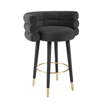 Black velvet barstool with gold metal legs, modern design, 36.6-inch height