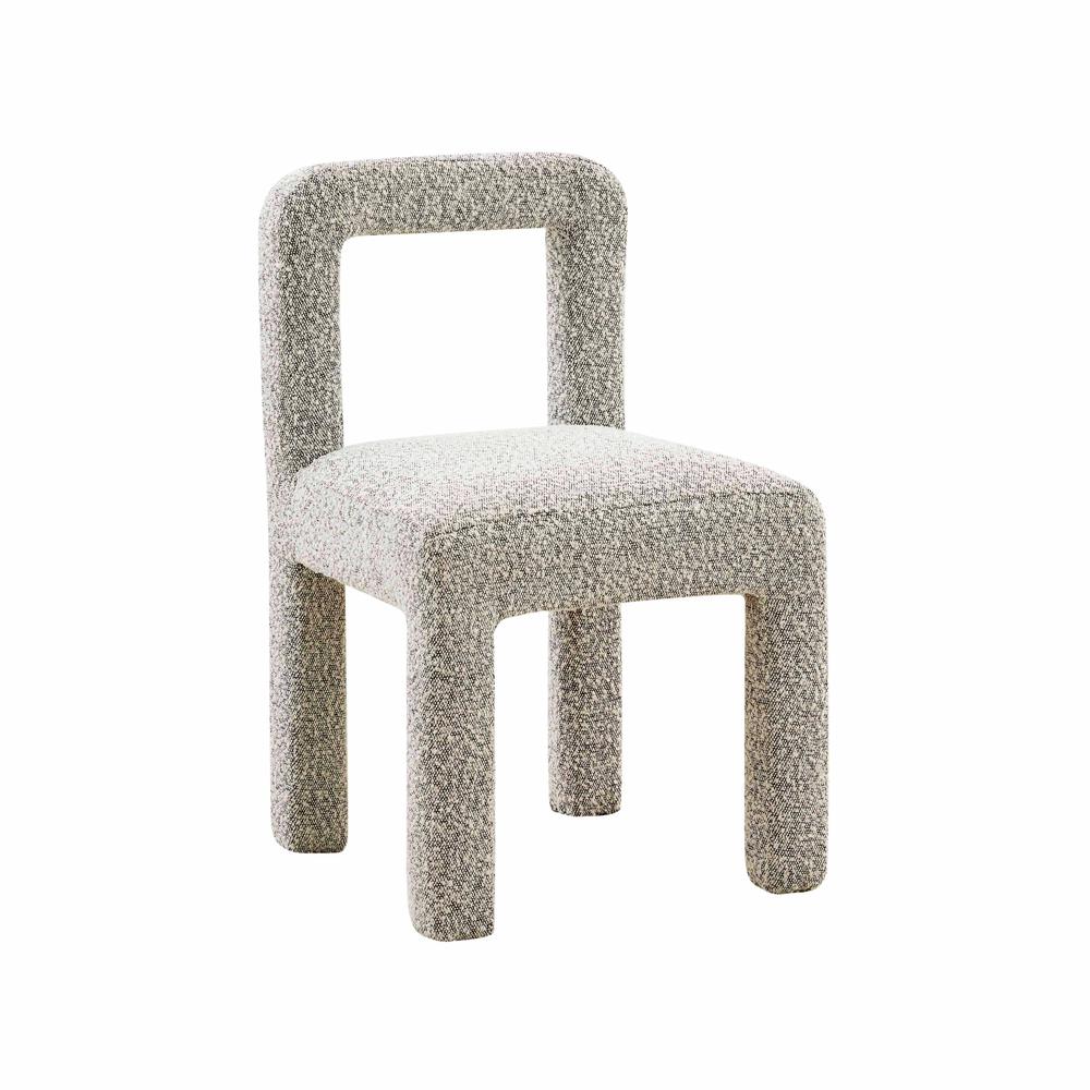 Gray boucle fabric dining chair with fiber-wrapped foam seat and plywood support