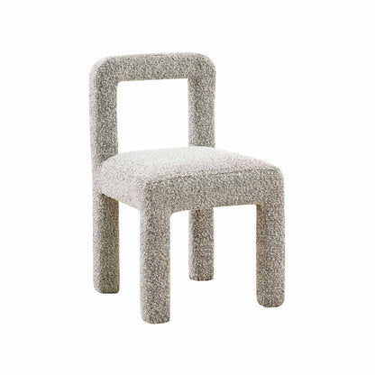 Gray boucle fabric dining chair with fiber-wrapped foam seat and plywood support