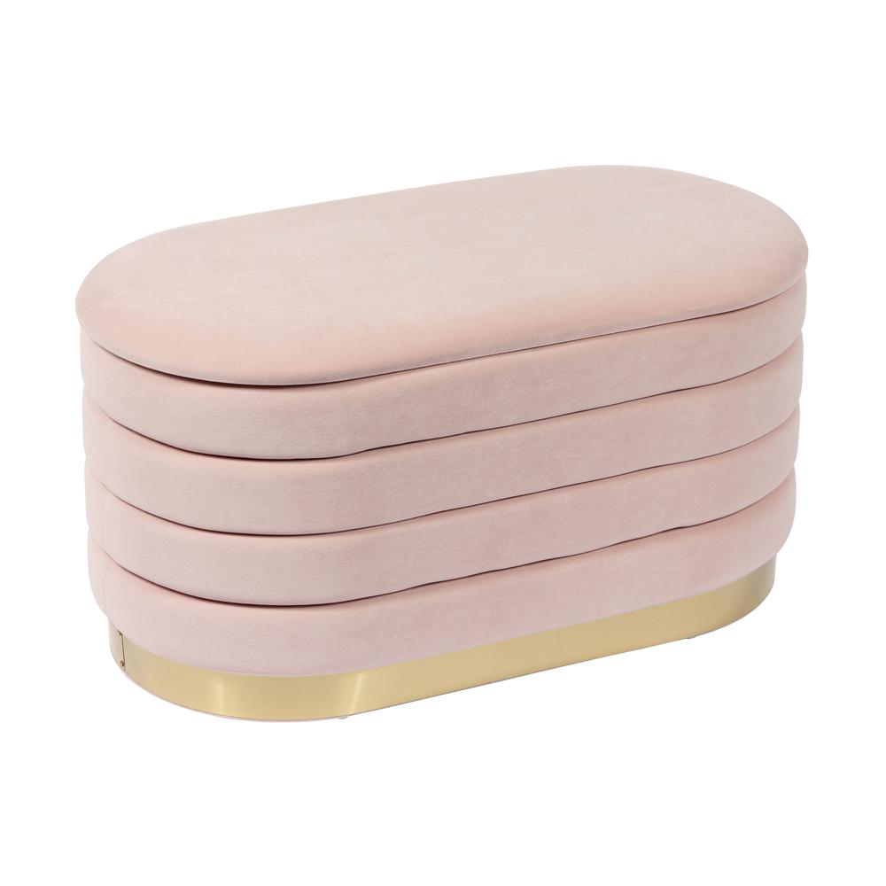 Pink velvet storage bench with gold legs, spacious seat and hidden storage
