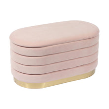 Pink velvet storage bench with gold legs, spacious seat and hidden storage