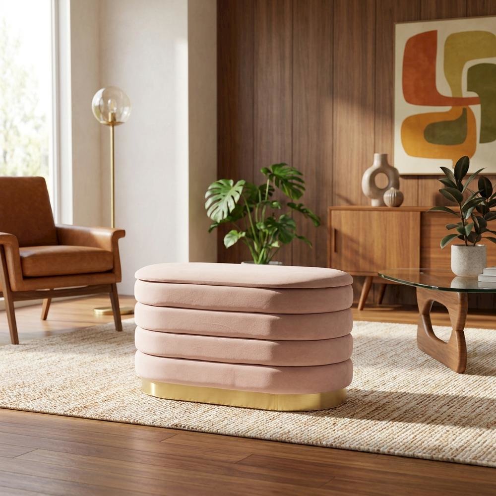Pink velvet storage bench with gold legs, spacious seat and hidden storage