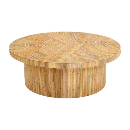 Brown Rattan Veneer Coffee Table with Mahogany Legs and Sturdy Wood Design