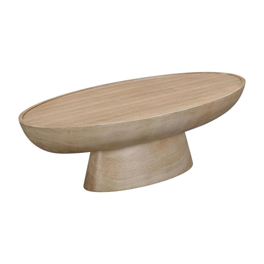 Gray Concrete Coffee Table with Textured Faux Travertine Legs, Durable Surface