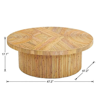 Brown Rattan Veneer Coffee Table with Mahogany Legs and Sturdy Wood Design