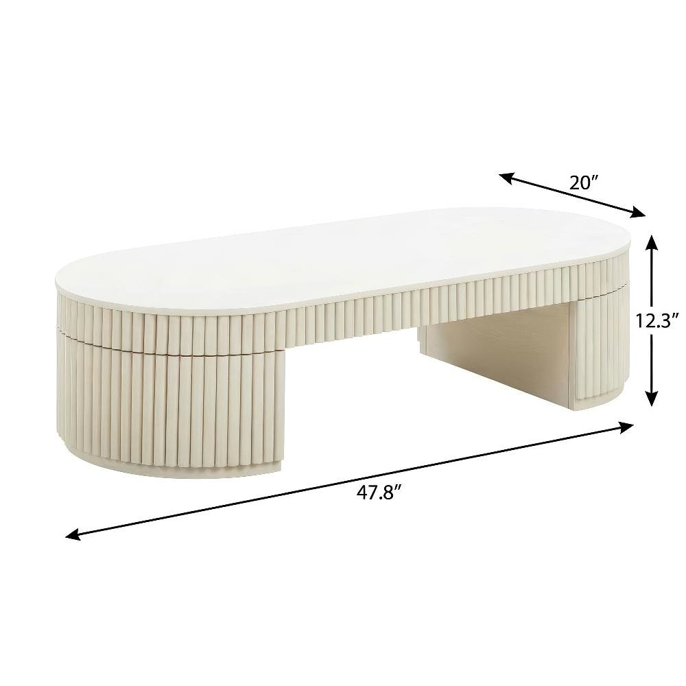 Beige Oval Coffee Table with Acacia Wood Legs and MDF Frame for Living Room