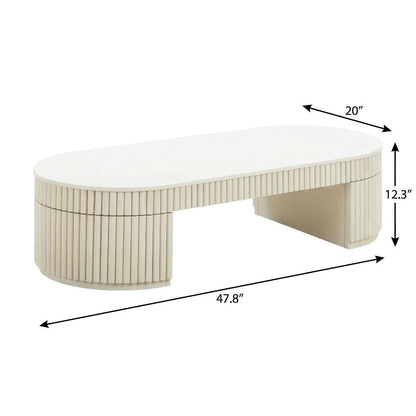 Beige Oval Coffee Table with Acacia Wood Legs and MDF Frame for Living Room