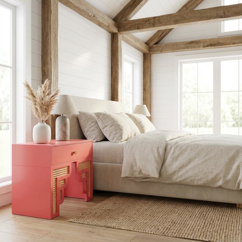 Pink Rattan Nightstand with Soft Close Drawer and Mdf Legs