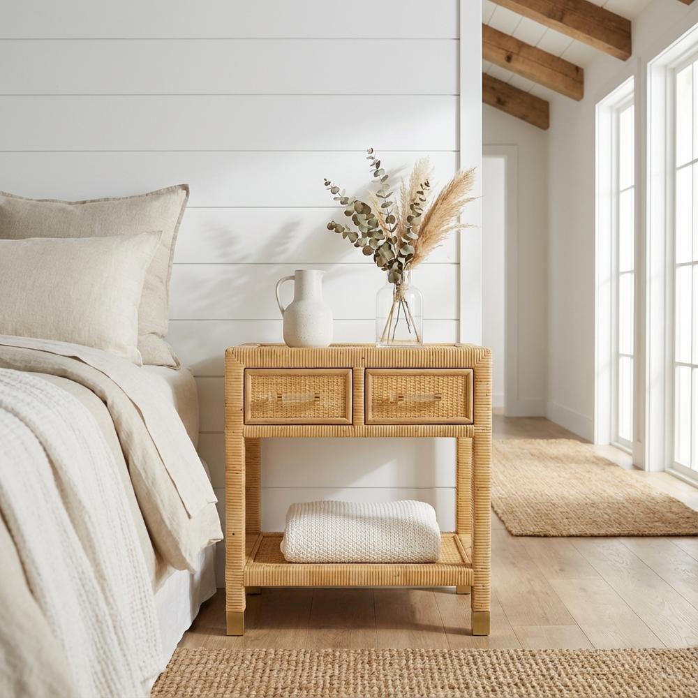 Rattan Nightstand with Mahogany Legs and Storage Compartments