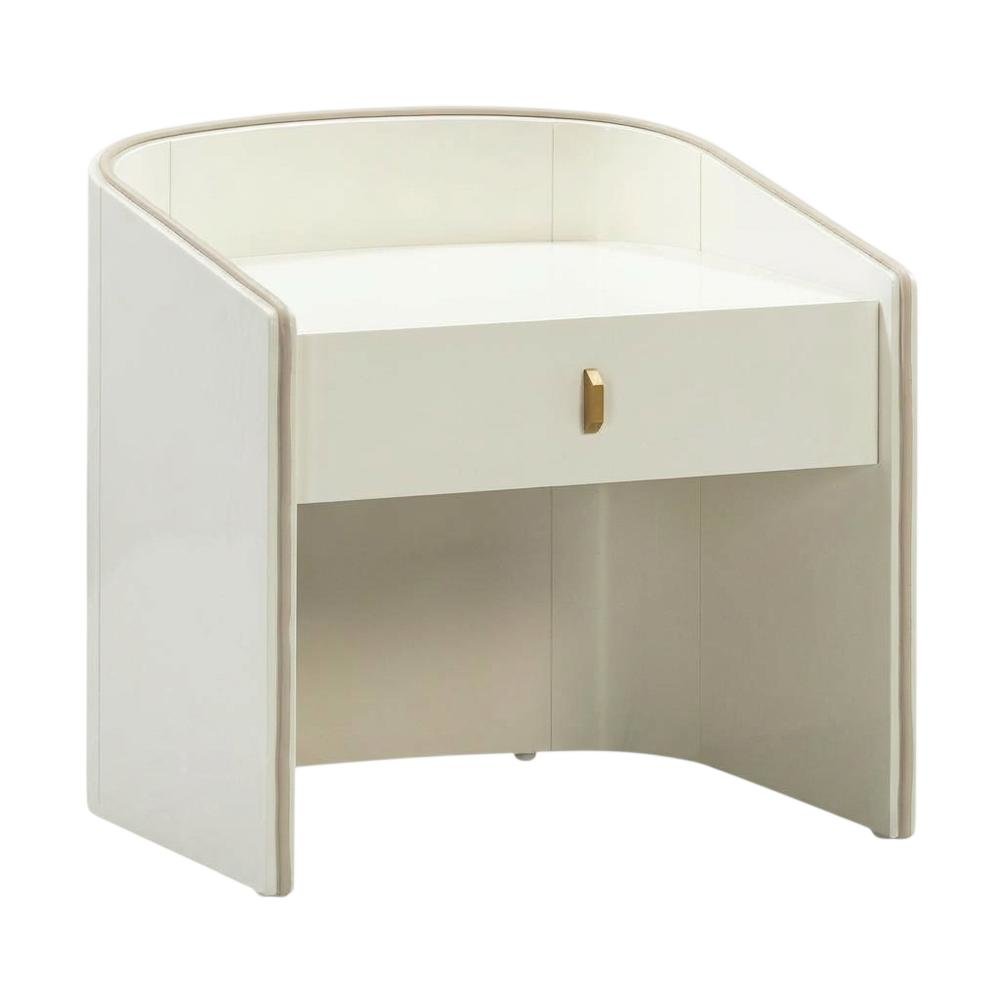 Cream Lacquer Nightstand with Soft Close Drawers and Acacia Legs