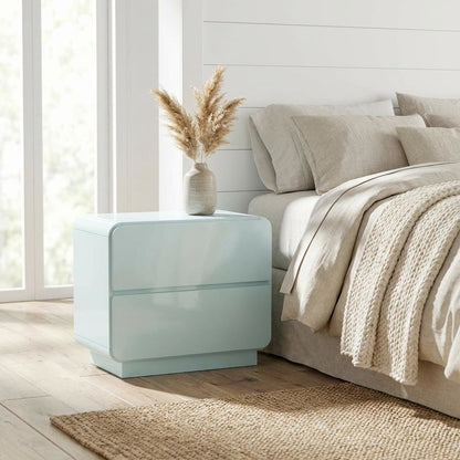 Blue Bedroom Nightstand with Soft-Close Drawers and Acacia Legs